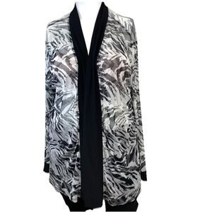 NY Collection Open Semi Sheer‎ Cardigan Woman 3X Black White Print Layer Stretch